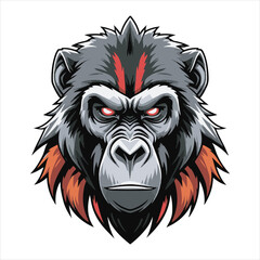 Angry Baboon Head Vector Illustration,Wild Baboon Mascot Head Design,Cartoon Baboon Face Logo Template,Fierce Baboon Animal Head Artwork,Detailed Baboon Head Vector Drawing,Baboon Head Esports Logo