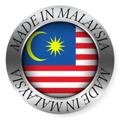 Made in Malaysia button icon. Circular emblem with metallic border, glossy central flag, and bilingual label indicating product origin and international manufacturing identity.