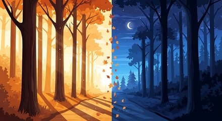 Autumnal equinox contrasting day and night in a serene forest setting with falling leaves