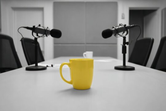 Podcast studio, yellow mug, microphones