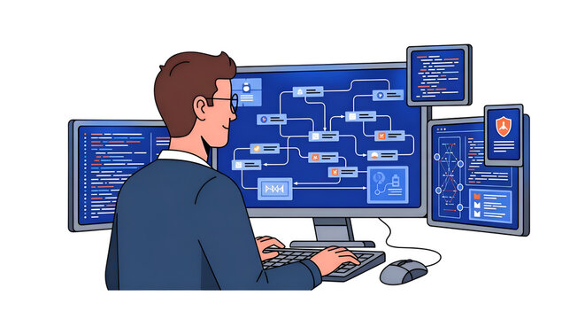 Cartoon Programmer Works on Code, Debugging Software on Multiple Monitors Setup