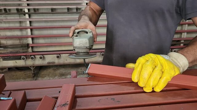 Cleaning the burrs on the edge of the profile iron with a grinding machine
