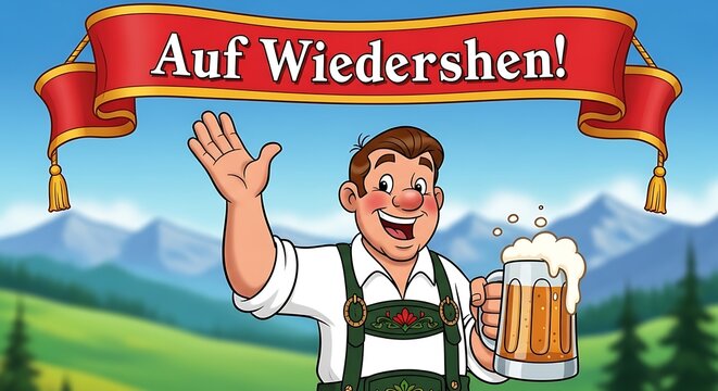Animated farewell with a Bavarian man holding beer and a 'Auf Wiedersehen!' banner