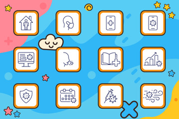 Health and virus set icon. Various health-related illustrations including face mask, stay home, virus spread, vaccine injection, medical chart, protection shield, virus bar chart, and test calendar