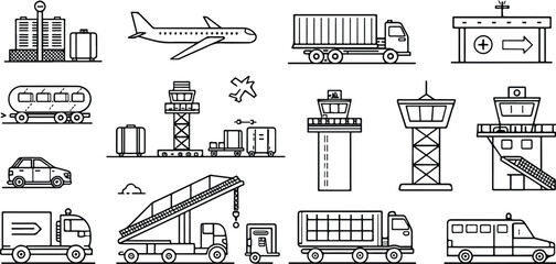Airport themed transportation icons depicting travel and logistics representing international travel and freight delivery in a vector format