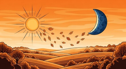 Autumnal equinox landscape: Illustration of daytime transitioning to nightfall