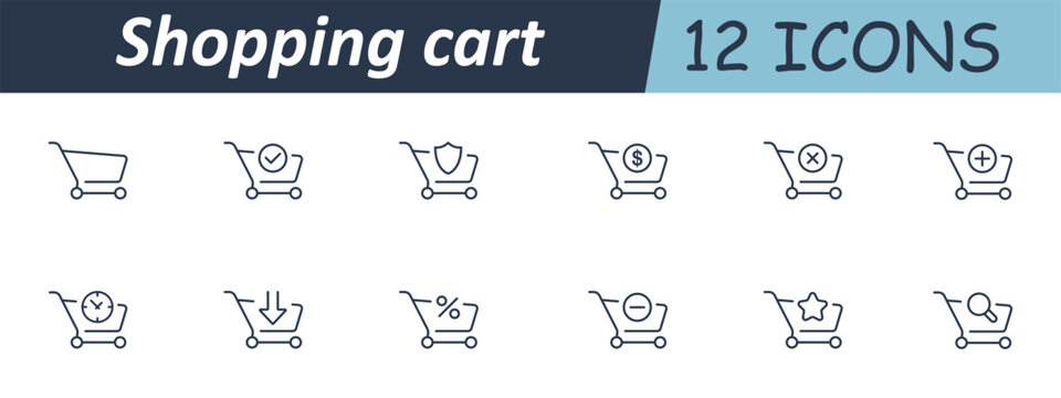 Shopping cart set icon. Minimal line carts with contextual elements including plus, minus, check, cross, dollar, percentage, download, shield, clock, magnifier, star, hand