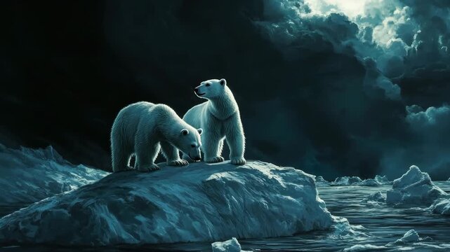 4K Ultra Realistic Cinematic Aerial Video of Polar Bears on Shrinking Arctic Ice Floe &ndash; Dramatic Crane Shot Symbolizing Climate Change and Global Warming for Earth Day and Environmental Awareness Stoc