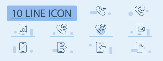 Phone usage set icon. Handsets combined with call flow arrows, statistics, mobile devices, chat, mute, mail, and status indicators designed for communication UI tools