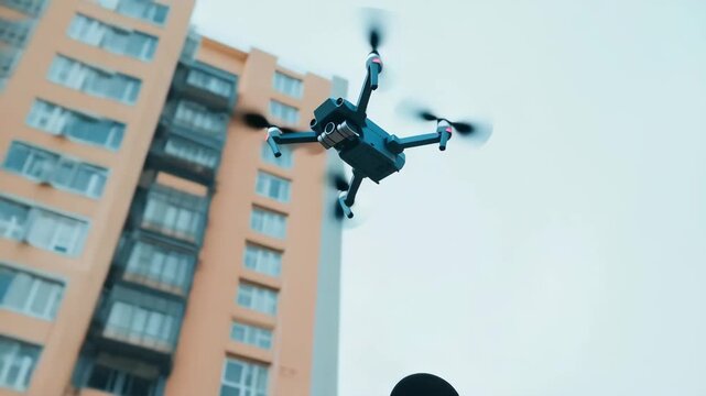 Ultra-Realistic 4K Cinematic Video of Young Man Flying Drone in Urban Cityscape &ndash; Seamless Transition from Controller to Aerial View for World Photography Day, Technology, and Creative Media Stock
