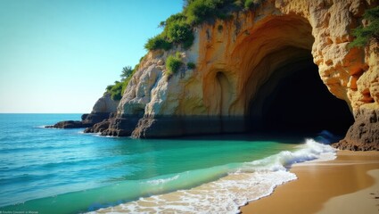 Fototapeta premium Coastal cave opening onto a tranquil beach.