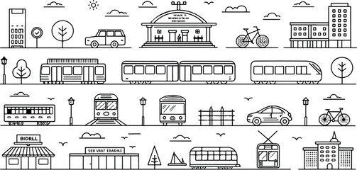 Transportation and urban landscape seamless pattern featuring trains trams cars and bicycles in a minimalistic black and white design great for backgrounds