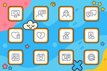 Dating set icon. Icons of hearts, people, laptops, messages, broken hearts, touch, and calendars arranged in love-themed square tiles over blue-pink background