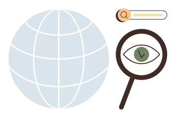 Globe outline and magnifying glass with an eye emphasizing research, exploration, analytics, surveillance, and discovery. Ideal for global connectivity, search, visibility, data marketing simple