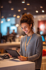 A small help desk in a modern store with soft lighting A service agent uses an AI assistant on a tablet to answer customer questions