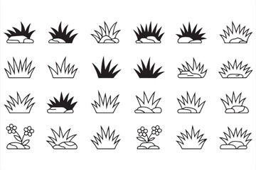 Set of 30 Black and White Minimalist Grass and Flower Icons: Various Grass Designs and Nature Symbols for Landscaping, Gardening, and Outdoor Apps
