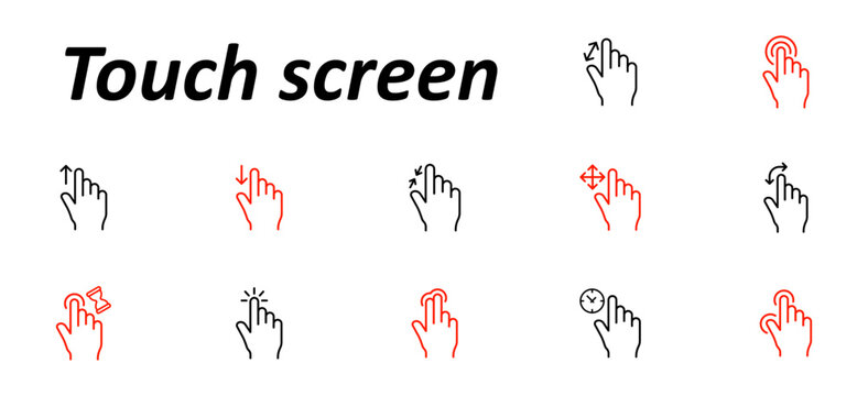 Touch screen set icon. Finger gestures for tap, swipe, scroll, zoom, drag, rotate, long press, and double tap shown with motion arrows and interface interaction in minimal line design.