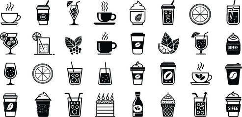 Diverse Collection of Black and White Drink Icons Coffee Cocktails Juices and More Ideal for Menus and Design Projects