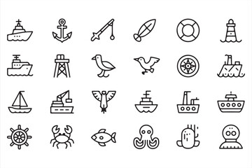 Black and White Nautical and Marine Life Icons for Travel, Navigation, and Sea