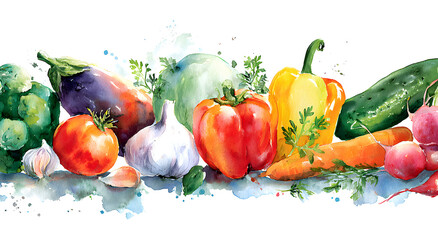 Watercolor painted collection of vegetables. Fresh colorful veggies background