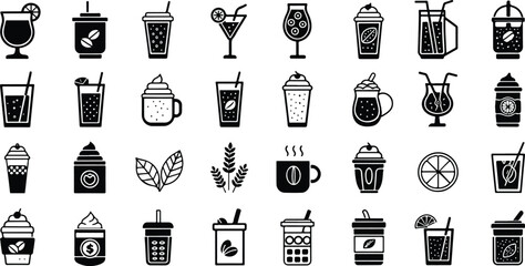 Diverse Collection of Drink Icons in Black and White Line Art Style Ideal for Menu Design and Beverage Related Graphics