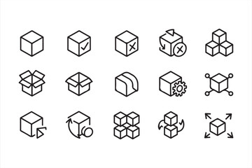 Set of 16 Black and White Cube and Box Icons for Logistics and Shipping