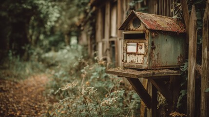 An old mailbox surrounded by a tranquil forest setting.