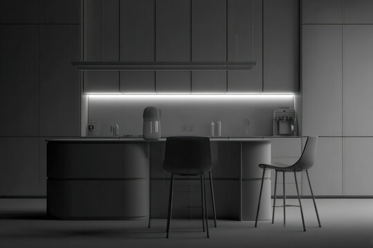 Modern, minimalist kitchen interior.  Empty, grayscale