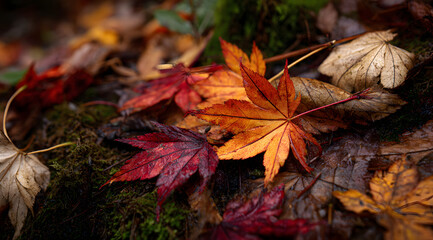 A realistic close-up of fallen autumn leaves in rich shades of orange and red, lying on a damp forest floor with patches of moss and small twigs.