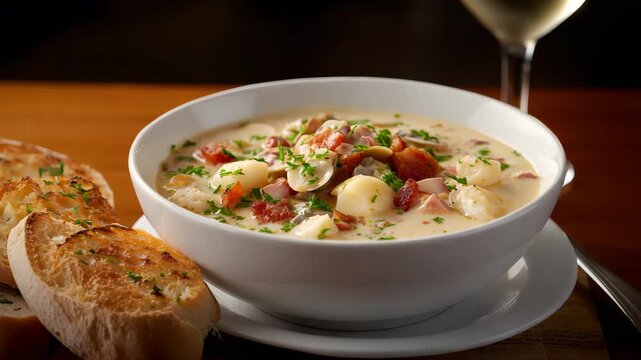 Ultra HD A hearty bowl of seafood chowder served with garlic toast and a glass of white wine, creating a comforting and flavorful dining experience, clam chowder video