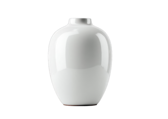 A sleek, ovular white vase with a smooth, glossy finish and a subtly flared lip, sitting on a small, dark base