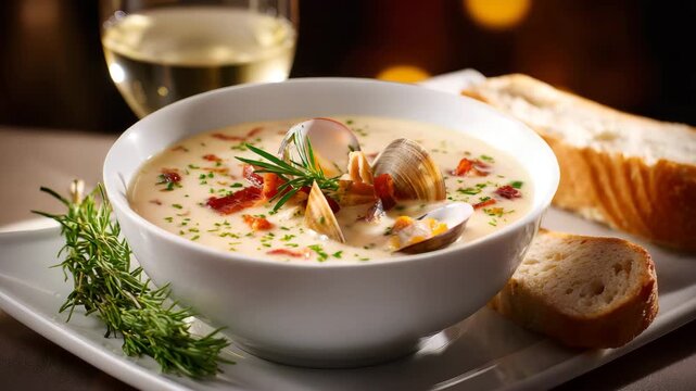 Ultra HD A delectable bowl of creamy clam chowder, garnished with fresh herbs and served with crusty bread and a glass of white wine, a culinary delight for seafood lovers,  clam chowder video