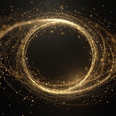 Golden swirling particles form a circular frame against a dark background
