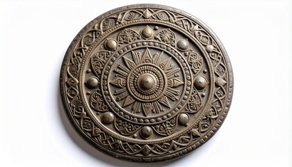 Naklejka premium An intricately designed round shield made of bronze with raised patterns showcases historical artistry and ancient craftsmanship against a stark white background.