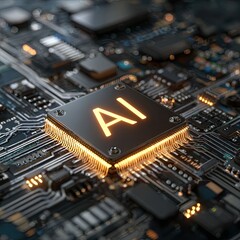 AI chip on circuit board, glowing letters