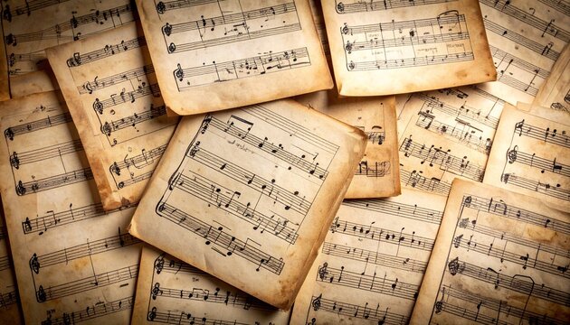 A collection of aged and weathered musical sheet pages with visible notes and staves are scattered across the surface, creating a vintage musical texture.