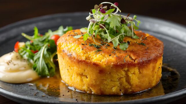 Ultra HD A golden cornbread cake, served with a fresh salad and creamy sauce, a delightful and flavorful dish that is perfect for a gourmet dining experience, cornbread video, cake video