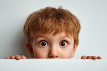 Curious child peeking over a surface with wide, expressive eyes.