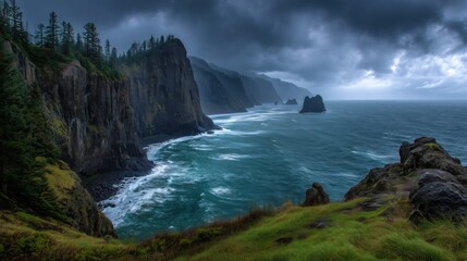 Fototapeta premium Dramatic coastal view with cliffs and turbulent ocean waves.