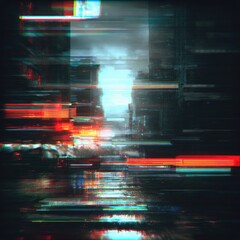 Distorted cityscape, glitch art, urban decay