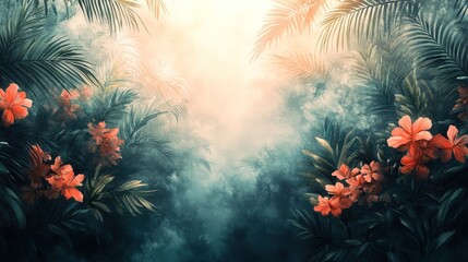 Tropical jungle scene, misty sunlight
