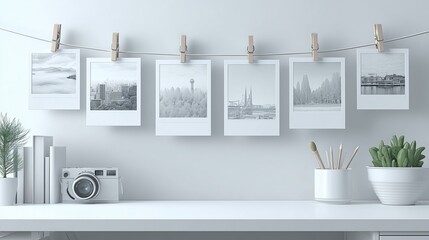 Minimalist workspace with hanging photos in black and white.
