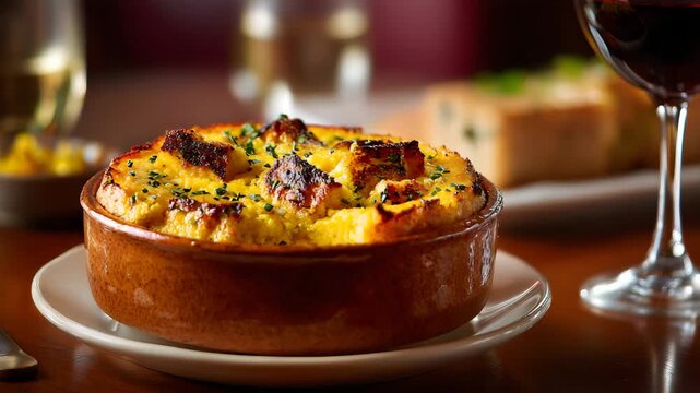 Ultra HD A rustic bread pudding, baked to golden perfection and served with a glass of red wine, creating a warm and inviting ambiance for a delightful culinary experience, cornbread cake video
