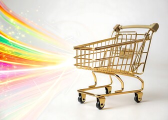 Golden Shopping Cart with Colorful Motion Blur and Glowing Effect isolated on white background