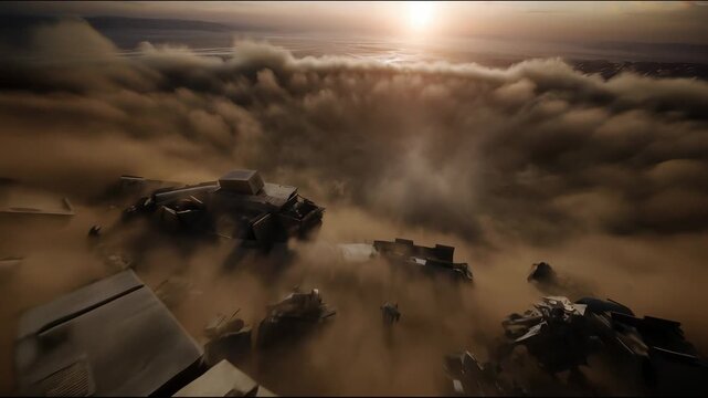 A nuclear explosion with a massive fireball and mushroom cloud destroying the surrounding city