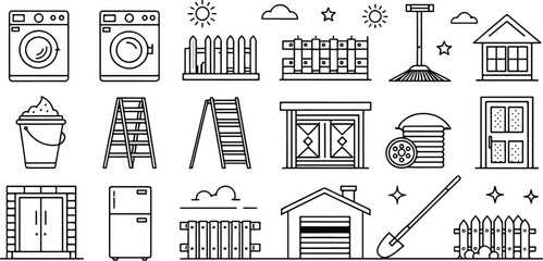 Black and White Line Art Illustrations of Household and Garden Items for Design and Decoration