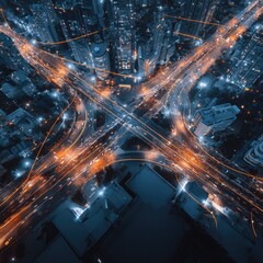 Aerial view of a complex highway intersection at night, with city buildings surrounding it.  Bright, streaked lights of traffic illuminate the roads