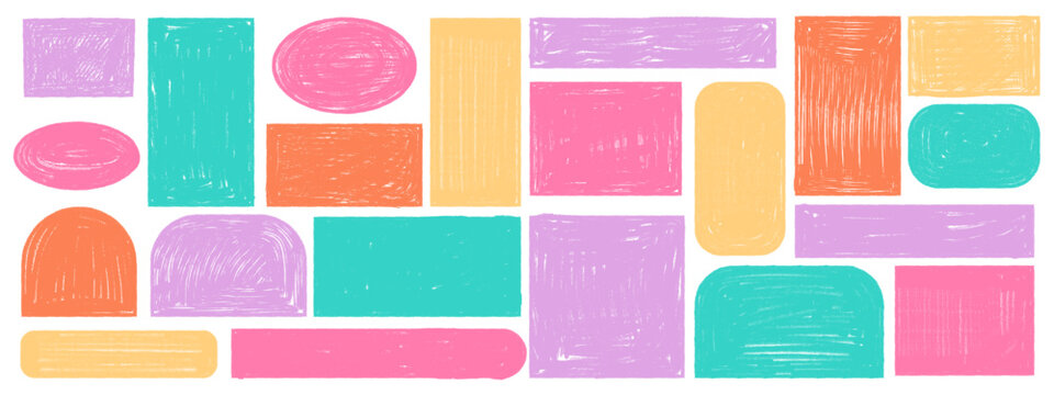 Childish crayon doodle borders set. Colorful uneven rectangular frames with hand drawn chalk effect. Grunge text boxes for kindergarten, invitations, and creative designs.