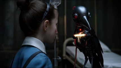 A girl in a medical uniform with a bandage on her cheek stands face to face with a mechanical crow with glowing red eyes