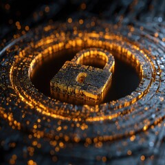 A digital padlock icon, surrounded by glowing concentric circles, sits within a dark, complex network